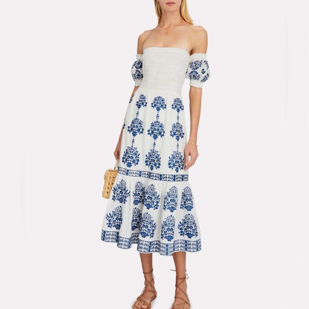 INTERMIX Annalise Off-The-Shoulder Maxi Dress White and Blue XS